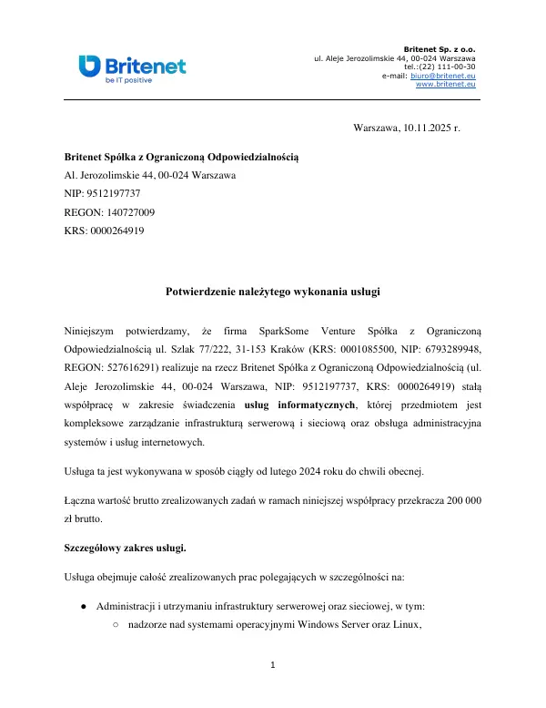 Fragment potwierdzenia wykonania usługi od Britenet
