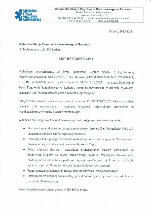 Fragment podpisanej referencji Radomskiej Stacji Pogotowia Ratunkowego